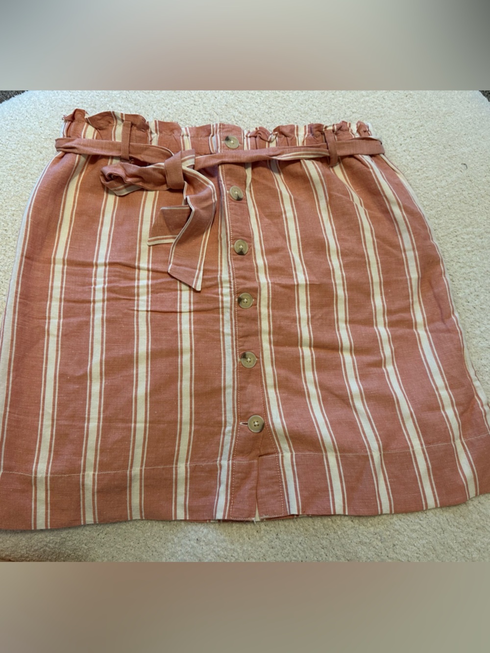 LOFT Striped Paperbag Waist Button-Front Skirt in Rust